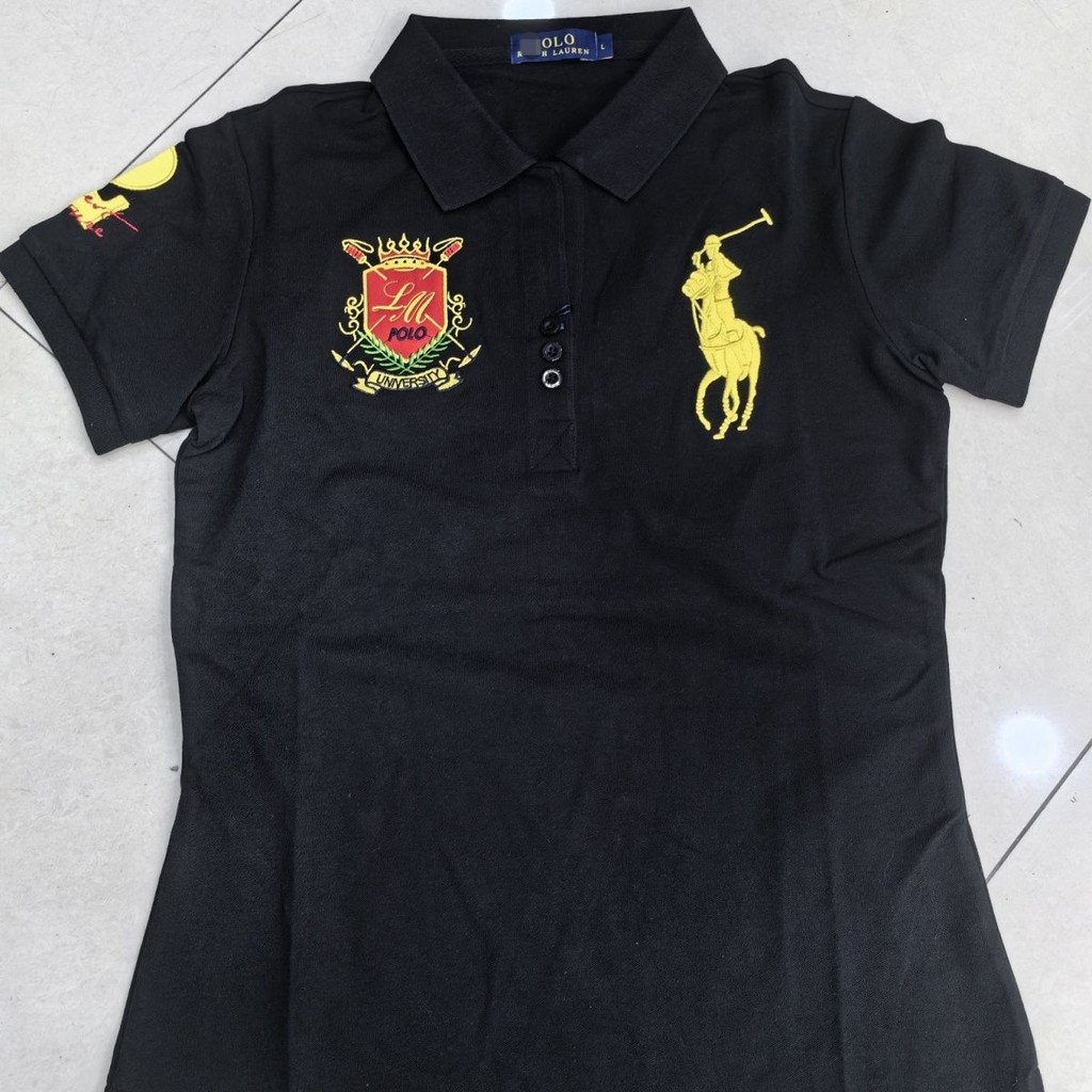 Ralph Lauren เสื้อโปโลผู้หญิงผ้าฝ้ายปกปักมงกุฎแขนสั้นฤดูร้อนปุ่มด้านบน