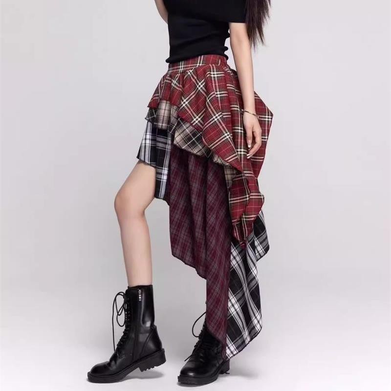 Retro Hot Girl กระโปรงลายสก๊อตหญิงฤดูร้อนสไตล์ใหม่ไม่สม่ําเสมอ Hiding Crotch All-Match กระโปรง