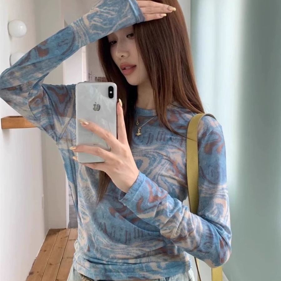 Retro Tie-Dye Gauze เสื้อยืดผู้หญิง สไตล์ฤดูใบไม้ผลิน่ารัก Chic Top