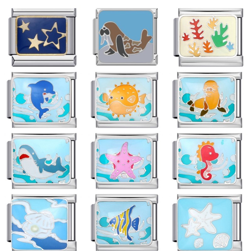 ใหม่ Blue Sea Creature Charm สร้อยข้อมืออิตาเลี่ยน Link Fit 9 มม.เครื่องประดับสแตนเลสผู้หญิงผู้ชาย DIY ทําแฟชั่นลูกปัด