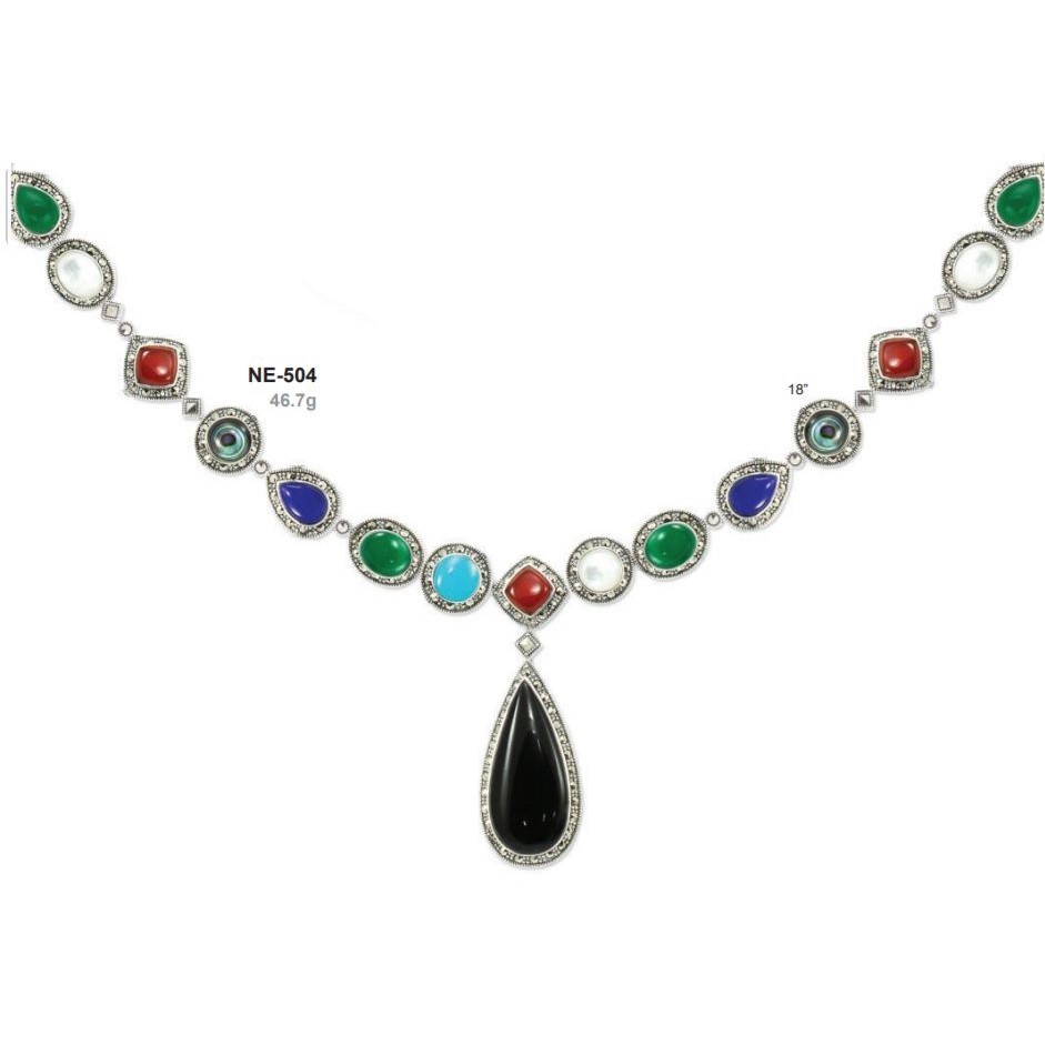 สร้อยคอระย้าห้อยจี้หินสีดำ เงิน 925 ตกแต่งหินหลายสี และ marcasite รหัส NE504