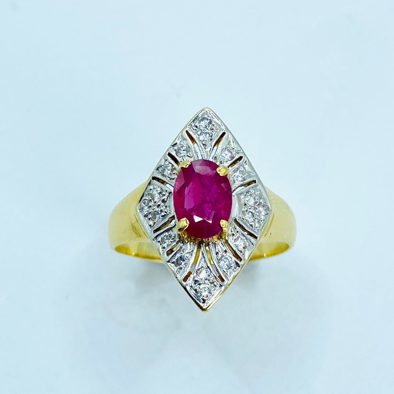หลุดจำนำ size 52; แหวนทอง พลอยแดง ทับทิมพม่า เพชรสวิส หน้าข้าวหลามตัด A25917R