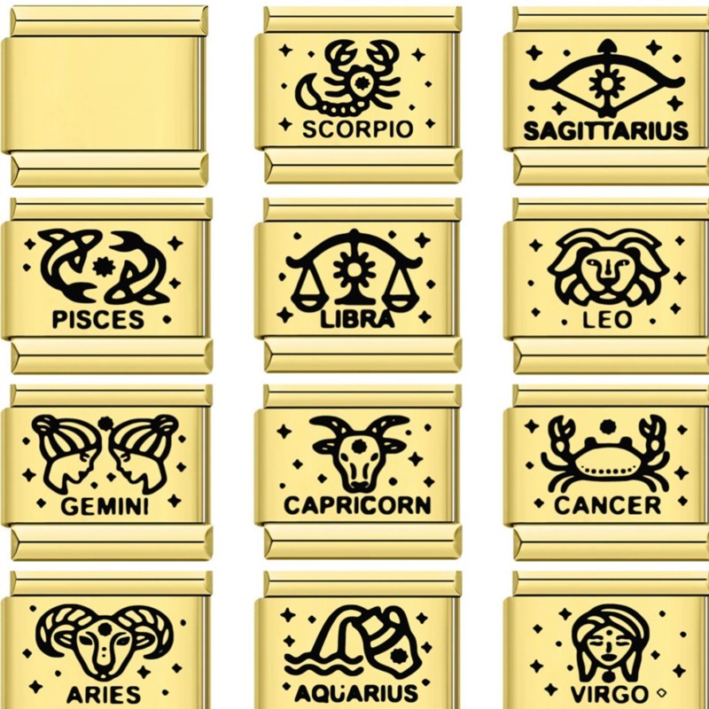 สีทองที่ไม่ซ้ํากัน 12 Constellation อิตาเลี่ยน Charms Links Fit 9 มม.สร้อยข้อมือสแตนเลส DIY ทําผู้หญิงผู้ชายเครื่องประดับ