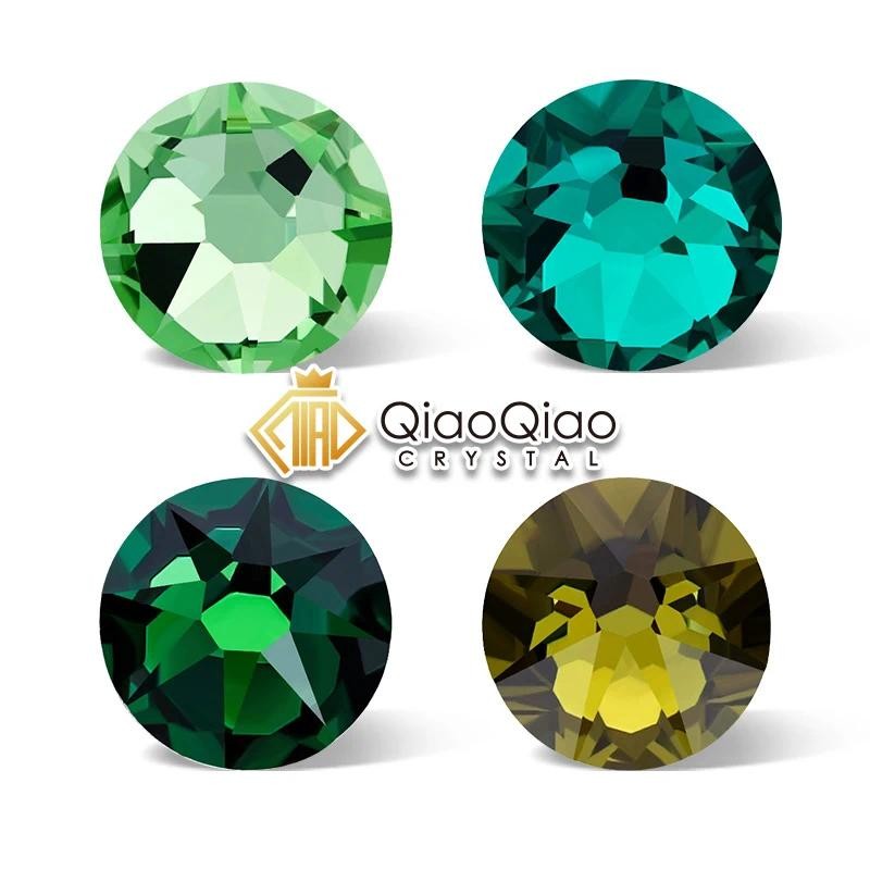 QIAO 2088 Non Hotfix Rhinestones คริสตัลสีเขียวเล็บ 8 ใหญ่ 8 ขนาดเล็กตัด Strass แบนกลับกาว-On DIY อัญมณีสําหรับตกแต่ง