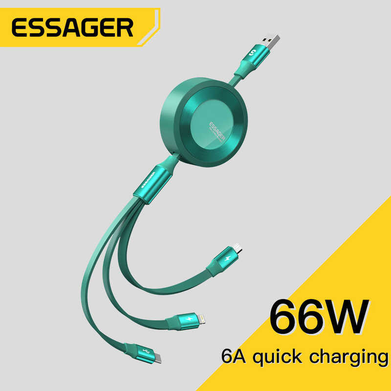 ❤ Essager 66W 6A Super Fast Charge 3 In 1 Telescopic Data Cable สามารถปรับได้ตามต้องการสำหรับ H