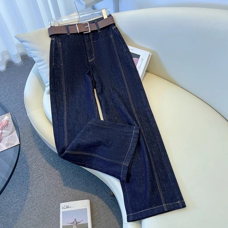 Retro Denim Dark Blue Top Line กางเกงยีนส์ขากว้างเอวสูงผู้หญิงสไตล์ใหม่กางเกงตรงกลางสายหลวม