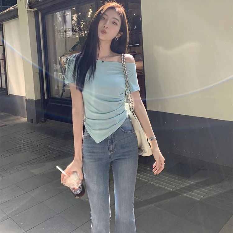 เสื้อยืดแขนสั้นสไตล์ใหม่สำหรับสาวร้อน ออกแบบSlim-fit ดูStrapless สไตล์คลาสสิคและเรียบหรู