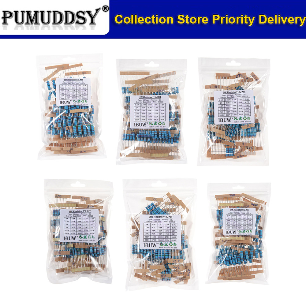 150PCS 300PCS 1/4W 1/2W 1W 2W 3W ความต้านทาน 1% โลหะฟิล์ม Resistor Assortment Kit ชุด 30 ค่าแต่ละ 5/10PCS 1 ~ 750 1K ~ 820K โอห์ม