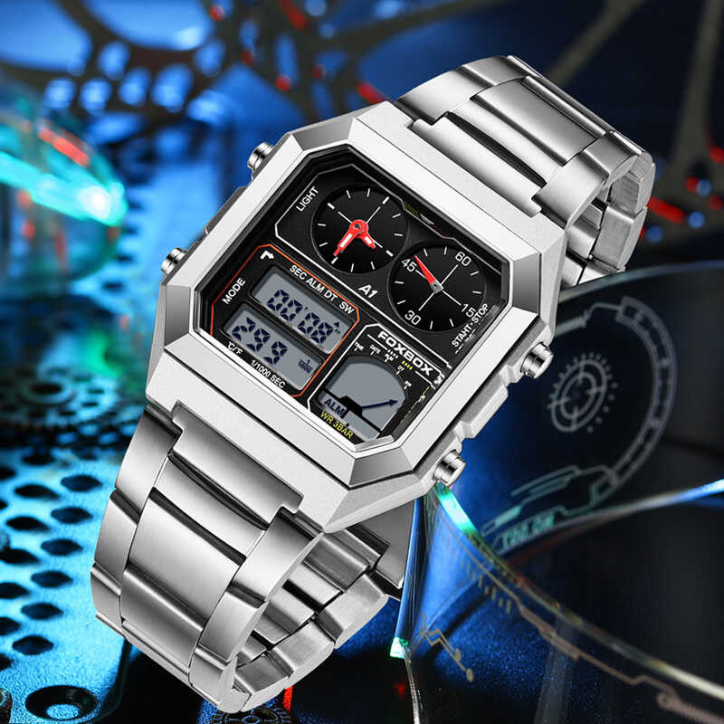 ❤️ Foxbox นาฬิกาข้อมือผู้ชายสแตนเลส Jam Tangan Sport จอแสดงผ