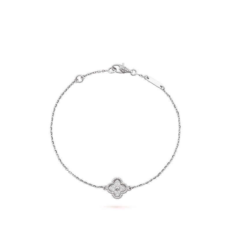 Vca Sweet Alhambra Four Leaf Lucky White Gold Diamond Bracelet