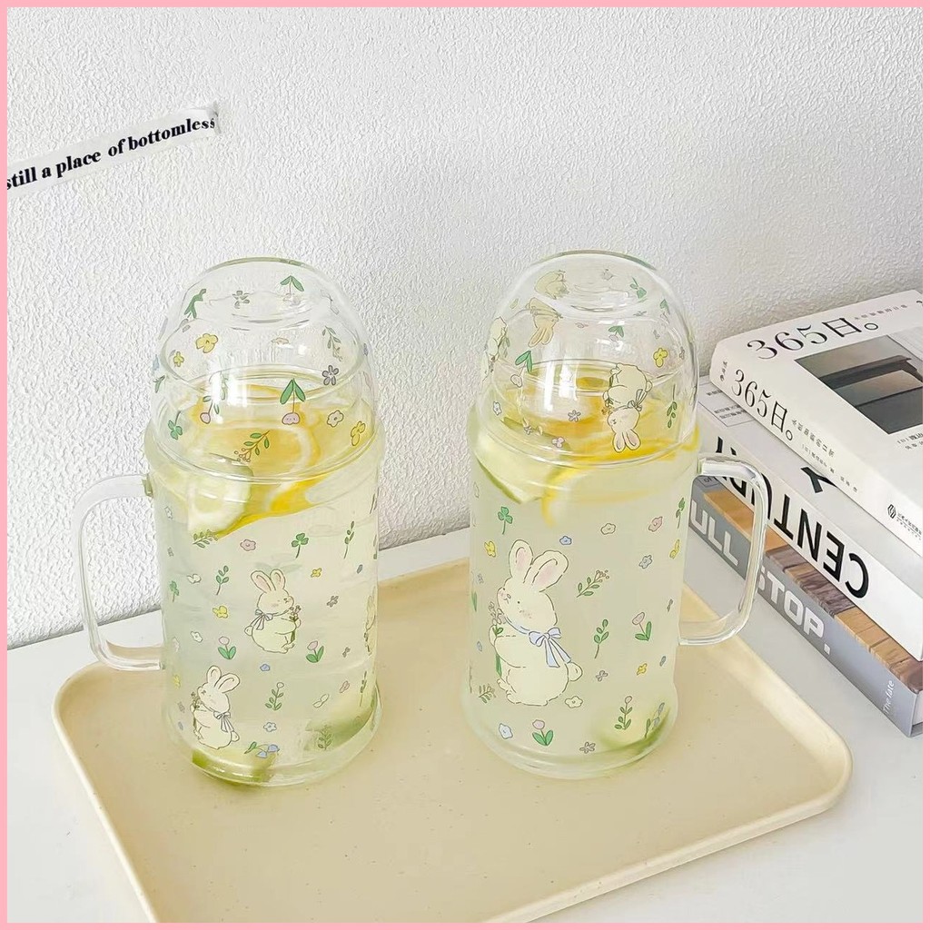 แก้วน่ารัก 1000ml/400ml ลายการ์ตูน กระต่าย สไตล์เกาหลี วัสดุแก้ว แก้วกาแฟ หนาพิเศษ