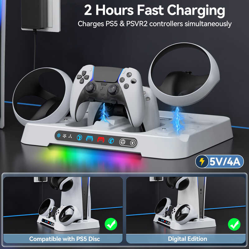 ❥ & PSVR 2 Controller สถานีชาร์จพร้อมอะแดปเตอร์ AC และพัดลมร