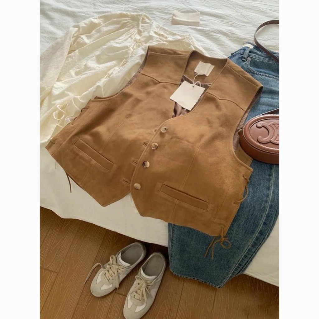 Retro Suede Vest ผู้หญิงเวอร์ชั่นเกาหลี Layered Laced-Up สไตล์สั้น