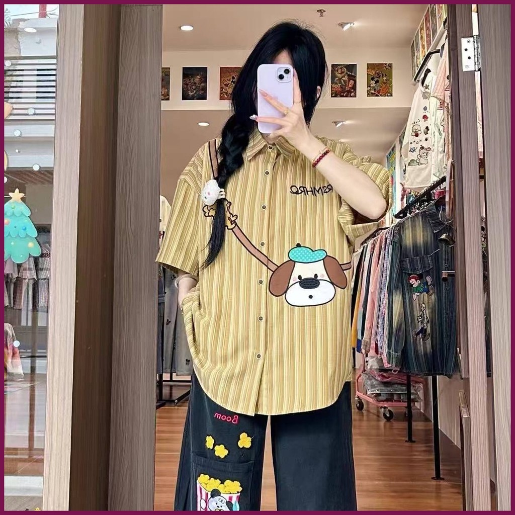 เสื้อคู่รักพลัสไซส์ 150 กก.ลายลูกหมาสุดน่ารัก2025ฤดูร้อน เสื้อเชิ้ตแขนสั้นคอสี่เหลี่ยม ทรงหลวมพิเศษ