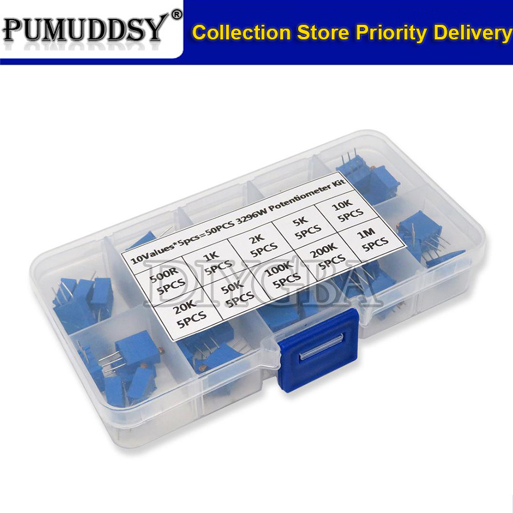 50pcs 3296W Multiturn Trimmer Potentiometer Kit ความแม่นยําสูง 3296 Variable Resistor พร้อมชุด diy อ
