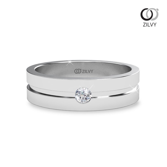 Zlivy - แหวนคู่เพชรน้ำร้อย (GR1074/BR061) ตัวเรือนเงินแท้ชุบทองคำขาว