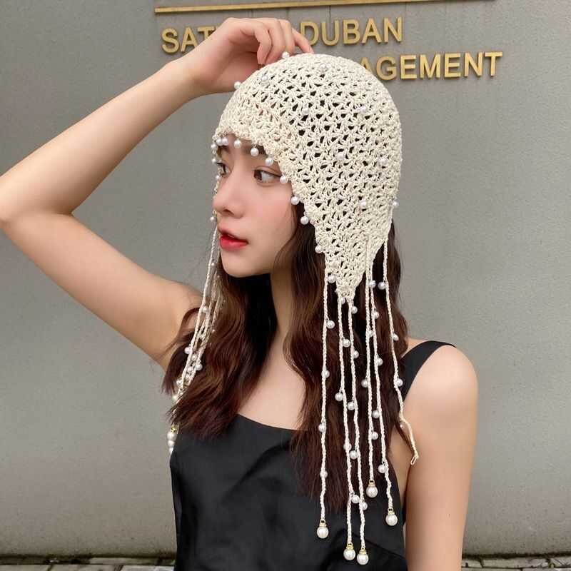 ▣ [Rear Waves] Neue Winter Alle Voltagesttrickte Beanie Hut Dame Häkeln Perle Skullies Vintage
