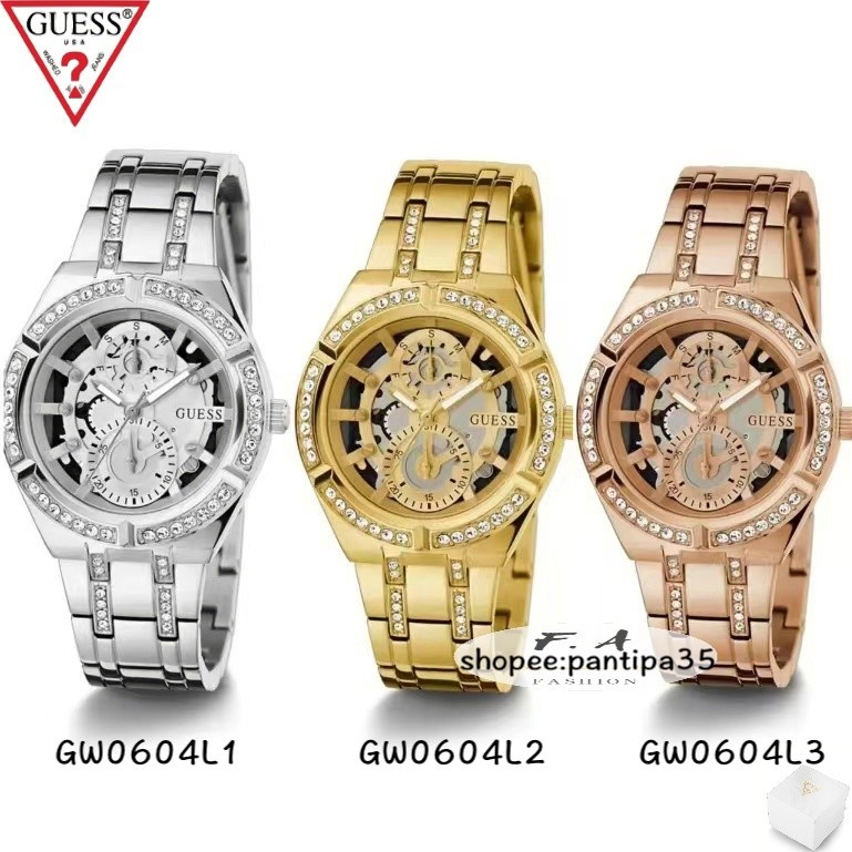 F.A GUESS เลดี้โทน นาฬิกามัลติฟังก์ชั่น หน้าปัดมีรูปลักษณ์โครงกระดูกที่สวยงาม GW0604L1 GW0604L2 GW0