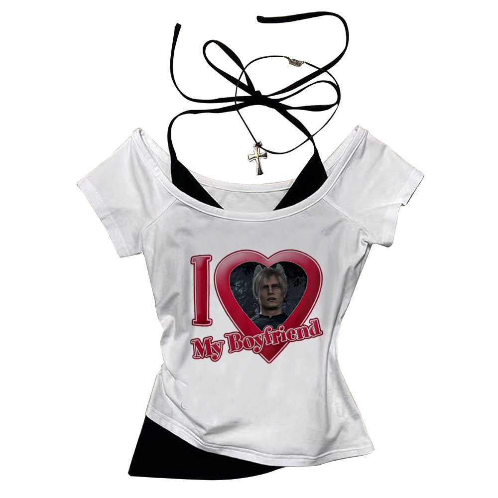 Leon Kennedy เสื้อครอปรัดตัว babydoll aesthetic 2025 coquette y2k tee
