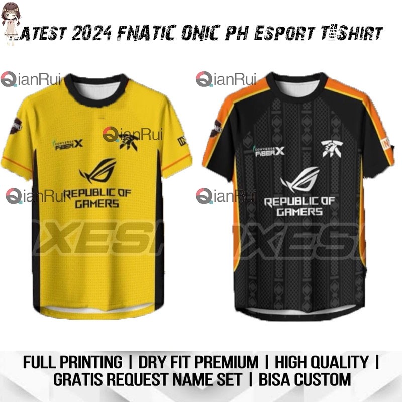 ล่าสุด 2024 FNATIC ONIC PH Esport เสื้อยืดการพิมพ์เต็มรูปแบบฟรีขอ Nickname &