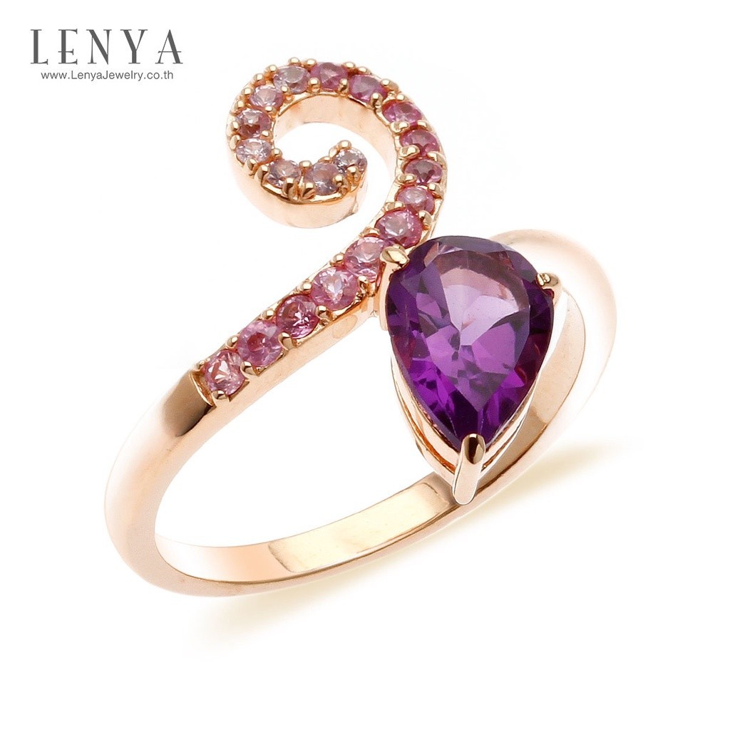 Lenya Jewelry แหวนเงินแท้ 925ประดับพลอยทรงหยดน้ำสีม่วง อะเมทิสต์(Amethyst) และแซฟไฟร์สีชมพู(Pink Sa