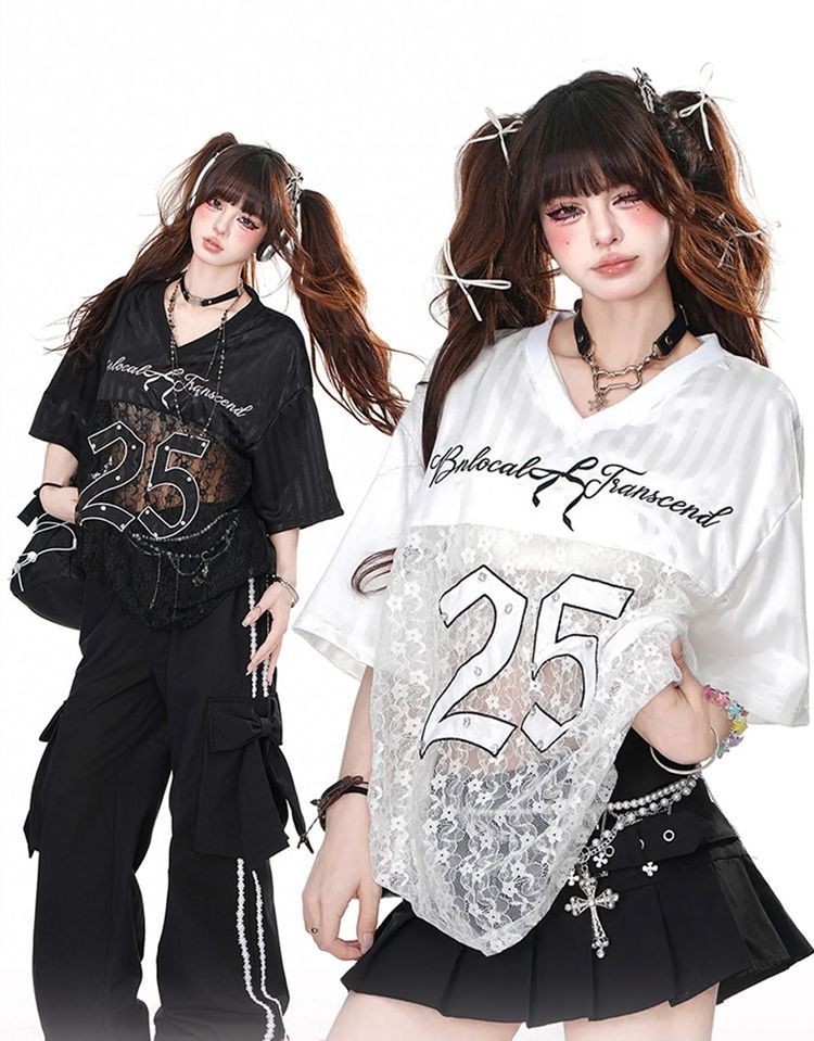 American Retro Jersey เสื้อยืดแขนสั้นผู้หญิง ลายลูกไม้หวาน เย็บหลวม สไตล์กีฬาและลำลอง