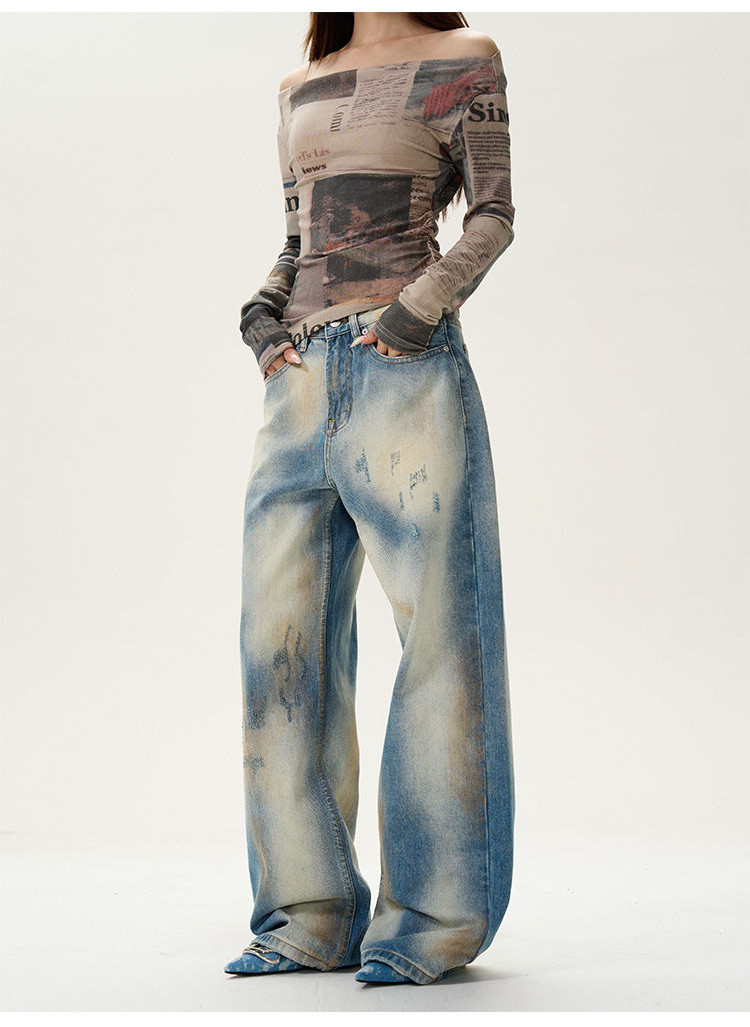 Shanmieleng 2024 American Retro Wasteland Style Ripped Jeans Street Wear Design Feeling High-End กางเกงคู่อินเทรนด์