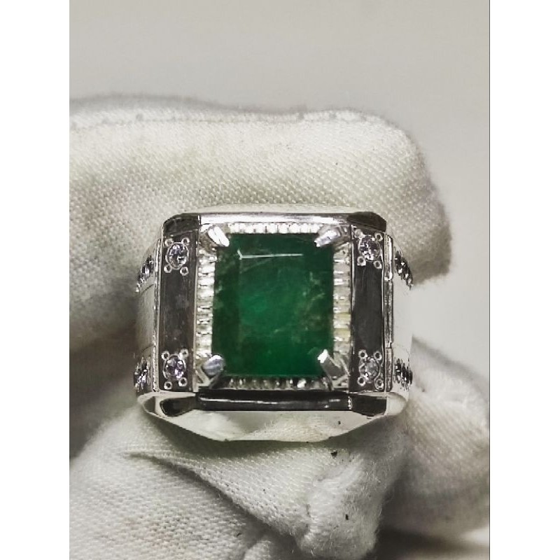 Cincin Natural Zamrud Zambia octagon ตัดแหวนทํามือสีเงิน