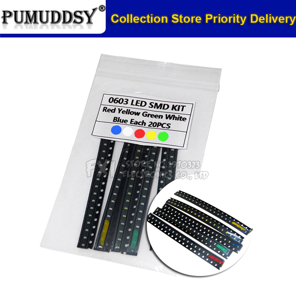 100 ชิ้น = 5 สี x 20 ชิ้น 1210 1206 0805 0603 LED Diode Assortment SMD LED Diode Kit สีเขียว/แดง/ขาว
