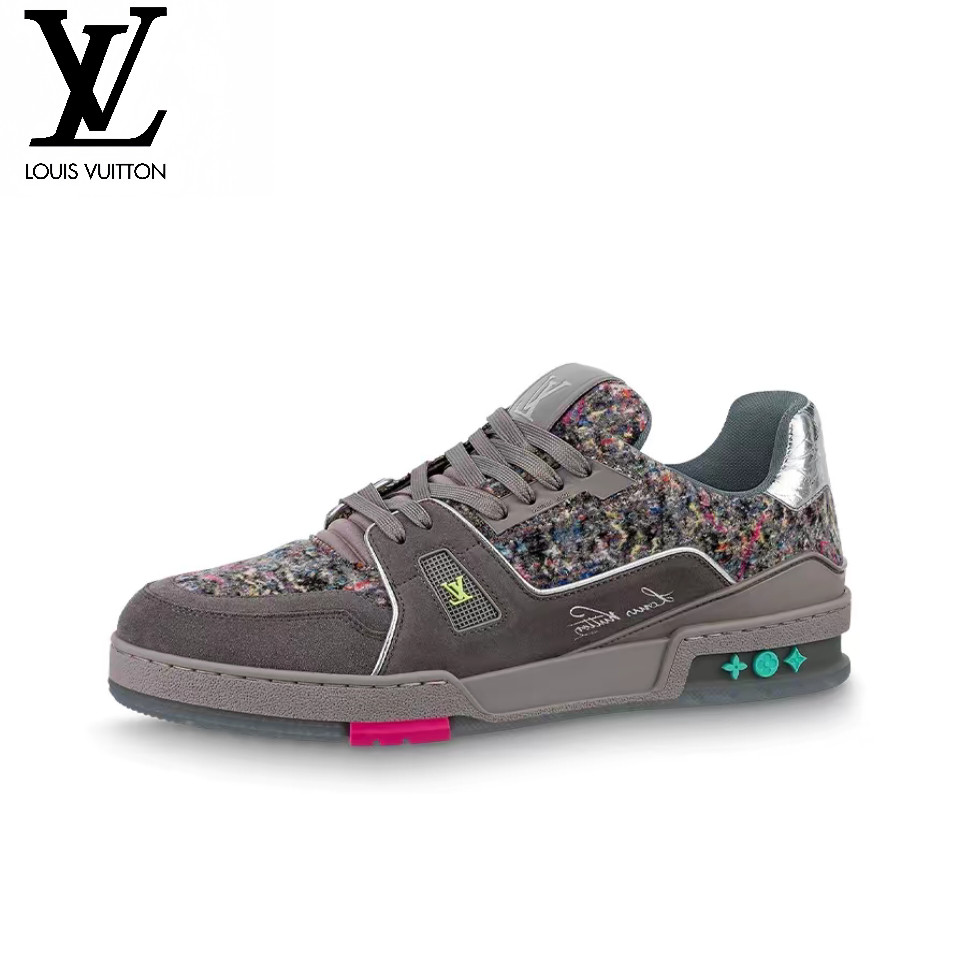 LOUIS VUITTON รองเท้าเทรนนิ่งรองเท้าลำลองสำหรับบุรุษและสตรีหนังลูกวัวรองเท้าผ้าใบหนังกลับ 1A998B