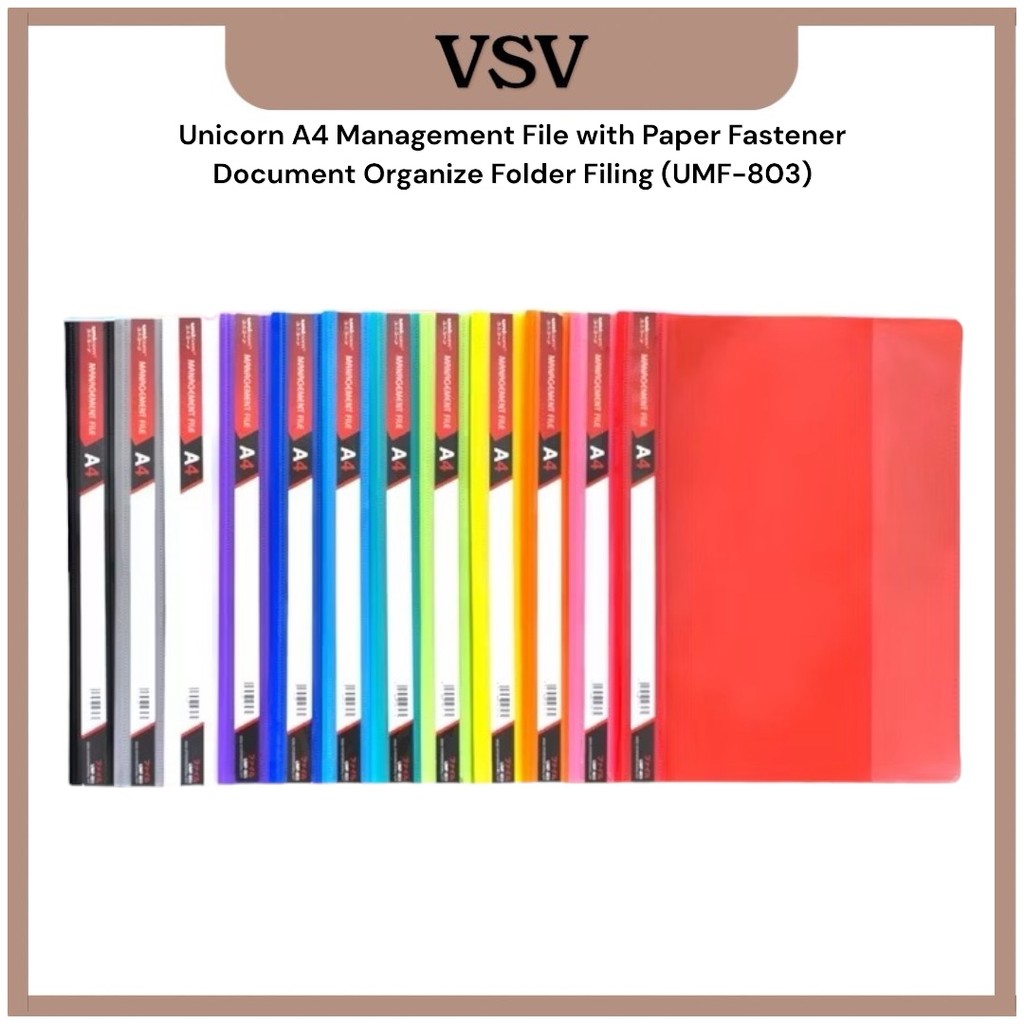 แฟ้มการจัดการ Unicorn A4 พร้อมตัวยึดกระดาษเอกสารจัดระเบียบโฟลเดอร์ Filing (UMF-803)
