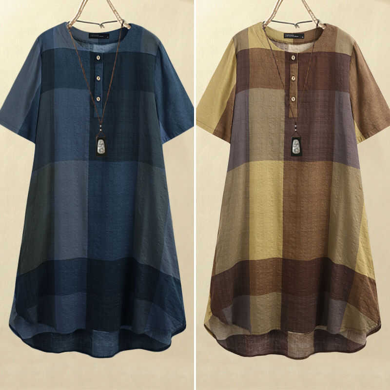 ❤ Esolo ZANZEA Muslimah ผู้หญิงมุสลิมฤดูร้อนพิมพ์ลาย V คอไม่สมมาตรเสื้อชุด Midi Plus KRS