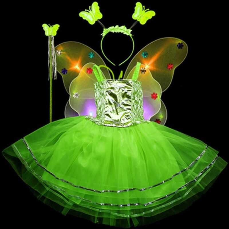 LY [ HOT SELL ] 4Pcs Kids Girls Fairy Cosplay Costume Set Sleeveless Tutu Dress LED Butterfly Angel