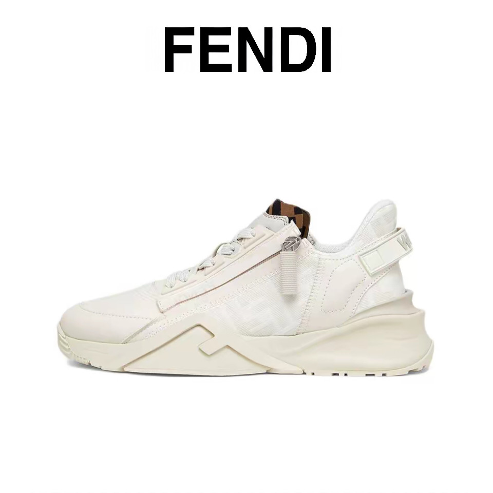 รองเท้าผ้าใบทนต่อการสึกหรอ Fendi Flow สำหรับผู้ชายและผู้หญิง รองเท้าลำลองทรงเตี้ย สีขาว