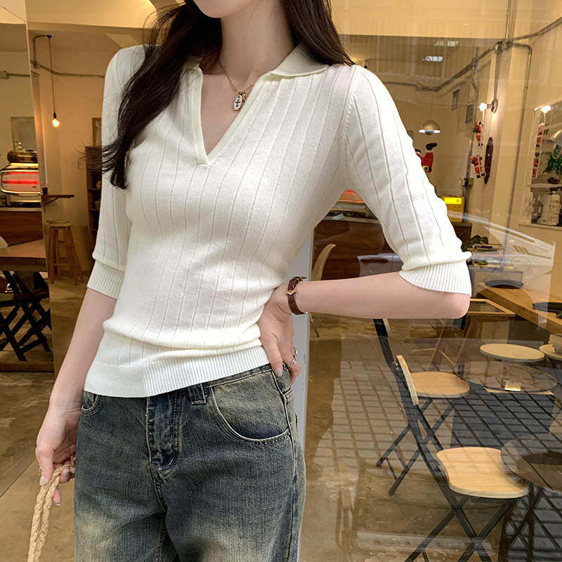 83345 เสื้อถักคอวีสีทึบสลิมฟิต