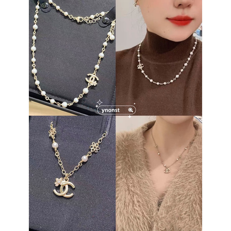 ของแท้ CHANEL 23K ใหม่สีทองอ่อน Rhinestone เพิร์ลดอกไม้โซ่สร้อยคอขนาดเล็ก