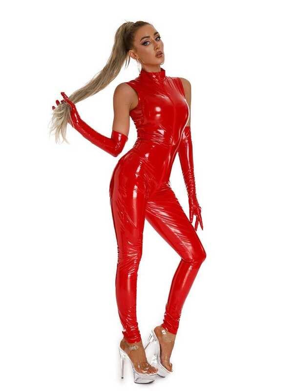 ❤ Women Cosplay Latex PVC Faux Leather Bodysuit Two Way Zipper Open Crotch Jumpsuit Oil Shiny S