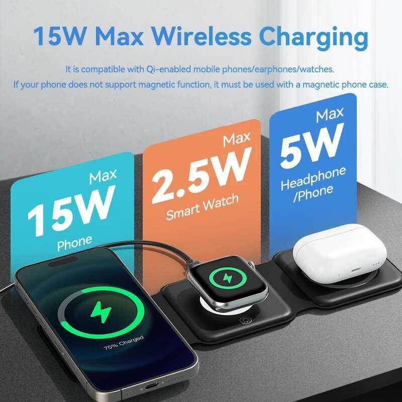 ❥ Vention 15W Magnetic Wireless Charger 3-In-1 Fast CHARGING สําหรับ Iphone 15 14 13 12