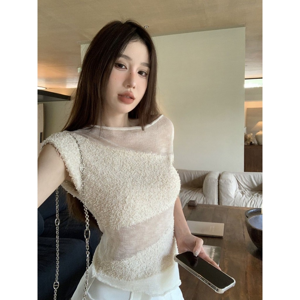 ฝรั่งเศสถักเสื้อยืดเสื้อกั๊กผู้หญิงฤดูร้อนไหล่เดียวข้ามไหล่ด้านบน
