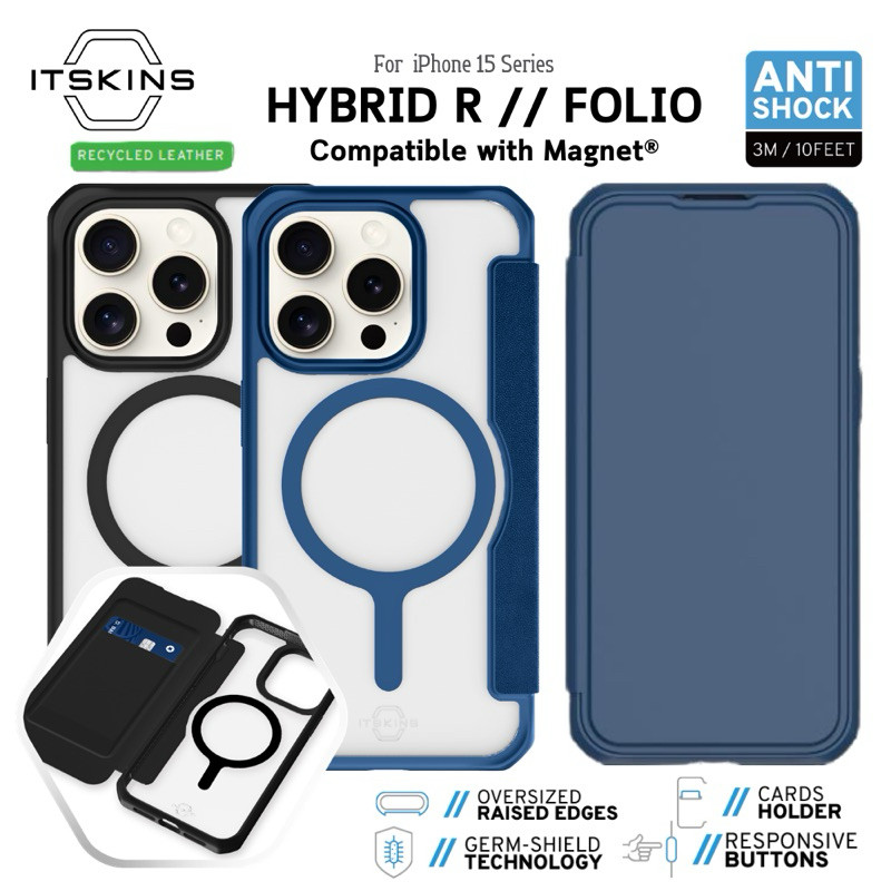 ITSKINS HYBRID R // MAGFOLIO with RE:CYCLED Leather  เคสกันกระแทกฝาพับ สำหรับ iPhone 15 / 15 Pro /