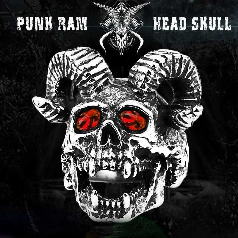 ▣ Gothic Punk Style Sheep Skull Inlaid Ring Men Gemstone