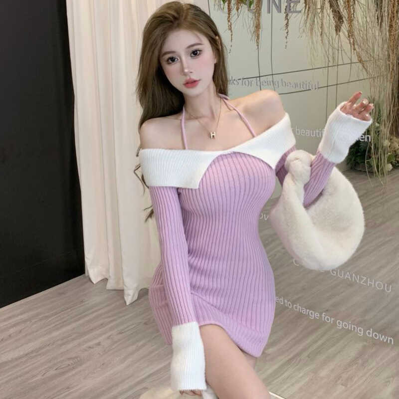 ▣ เซ็กซี่คริสต์มาสถักชุดผู้หญิง One-Word COLLAR เอวสูง A-E