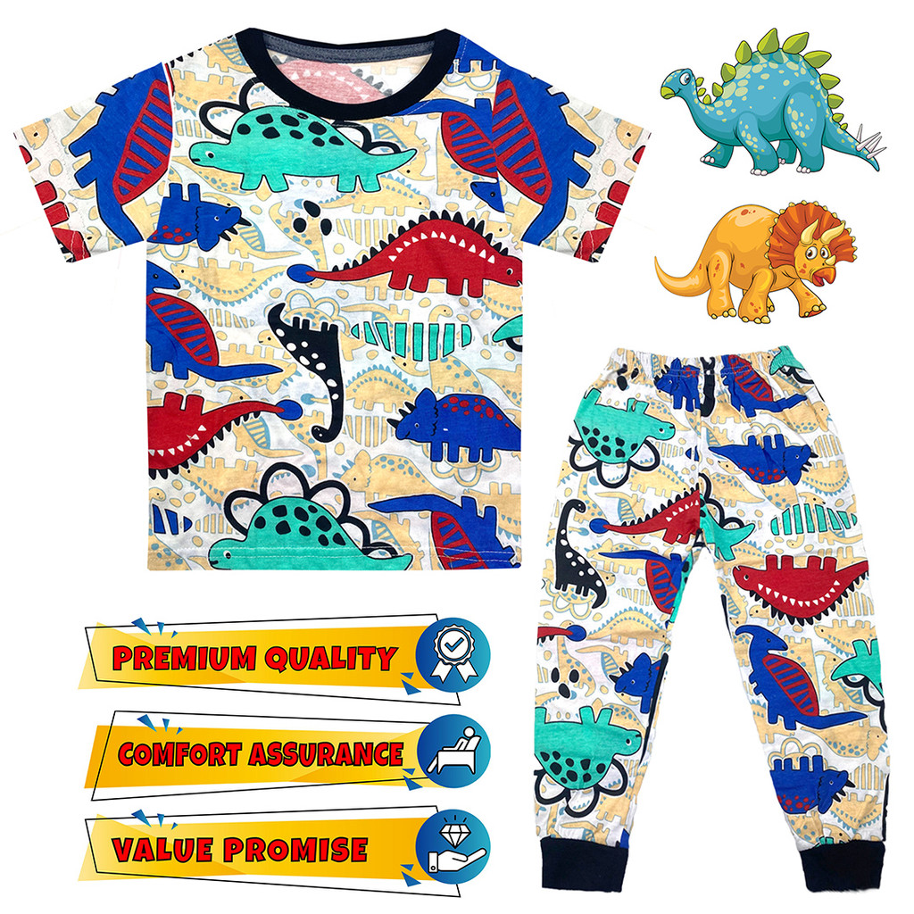 (6M-11Y) สีฟ้า/สีแดง FUN DINO SEDON ผ้าฝ้ายผ้าฝ้ายเด็กชุดนอนเด็ก Budak Kanak Kanak Kanak Pijama Pyja