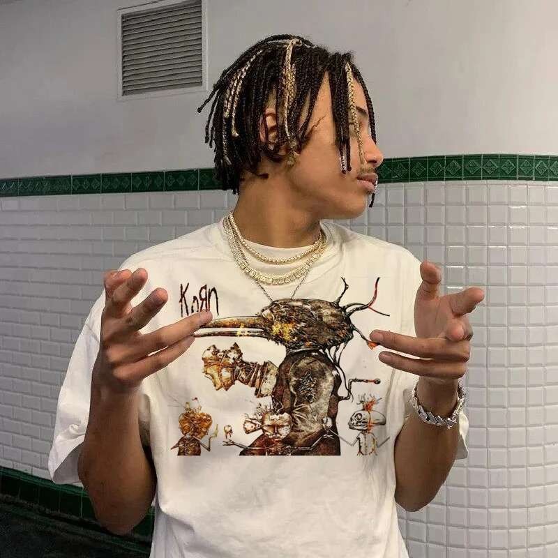 Korn ฤดูร้อน top top tees เสื้อยืดสีขาวชาย y2k อะนิเมะญี่ปุ่น top tees y2k