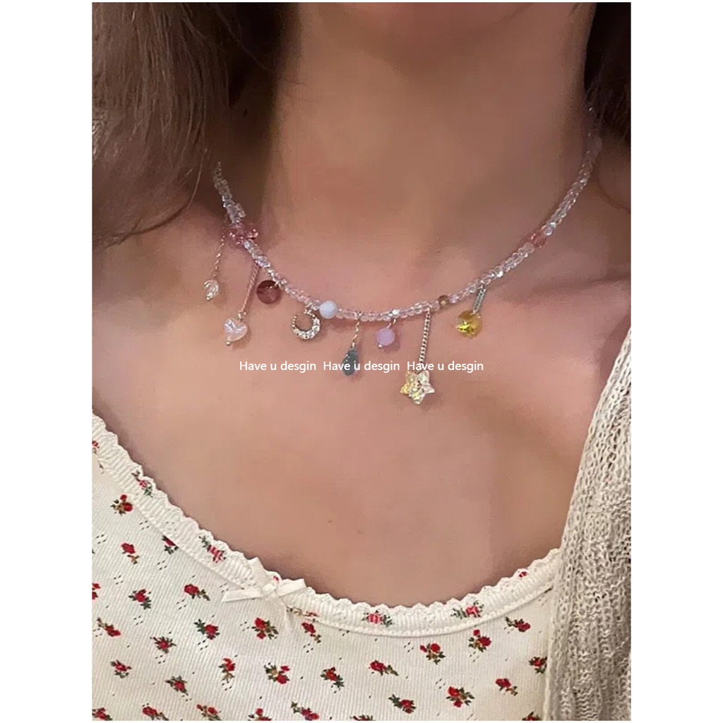 มี u desgin Multi-Element Star Moon Love พู่ลูกปัดสร้อยคอคริสตัลหญิง Dopamine สร้อยคออารมณ์หวานโซ่กระดูกไหปลาร้า