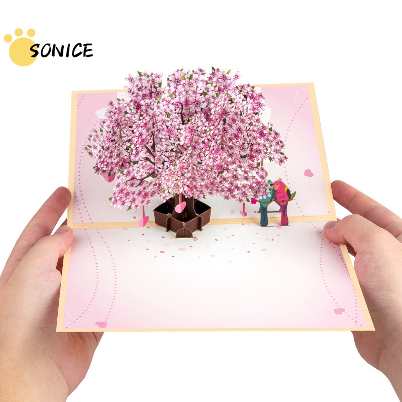 กระดาษรัก 3D Cherry Blossom Pop Up Card 3D Love Pink Cherry Blossom Tree Couple Bird Anniversary Wed
