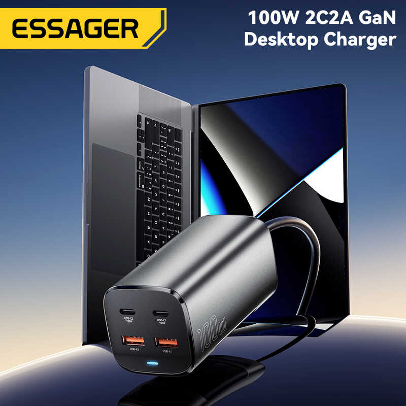 ❥ Essager 100W USB Gan Charger Desktop Quick Charge QC 4.0 3.0 ประเภท C Fast CHARGING ส