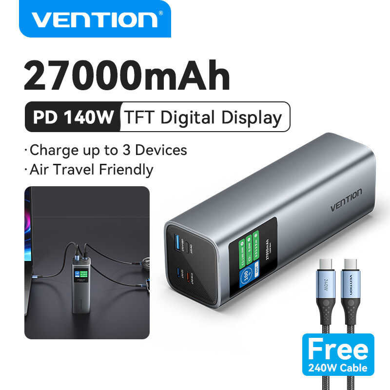 ❤ Vention 140W 27000Mah Powerbank เพาเวอร์แบงค์ With LED Display 3 Port Charging For Laptop Boo