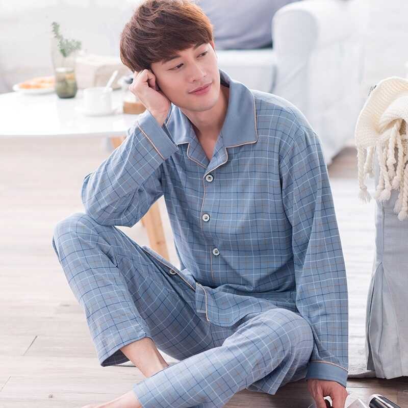 ❤ 2025 Men Plaid Print Cotton Sets For Man Nightwear Long Sleeve Pama Pants Sleepwear Pyjama Ma