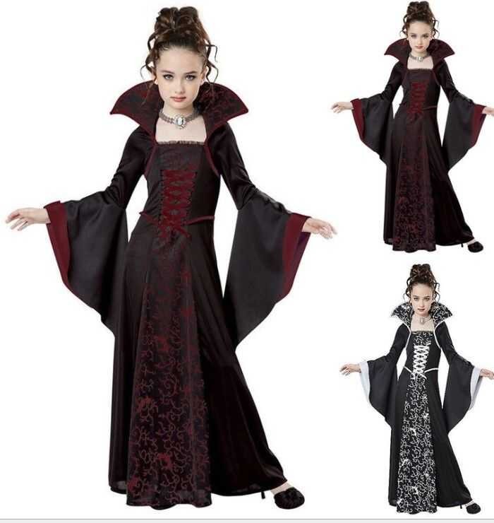 LY 4-14 Years Kid Girl Medieval European Vampire Dress Vintage Lace Up Flare Sleeve Printed Hallowe